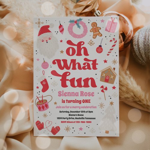 Oh What Fun Red And Pink Christmas Birthday Party Invitation