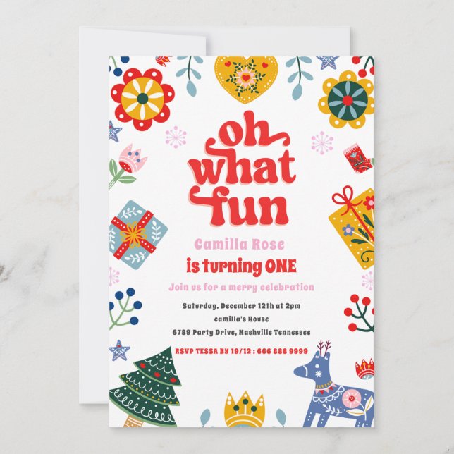 Oh What Fun Red And Pink Christmas Paty Invitation (Front)
