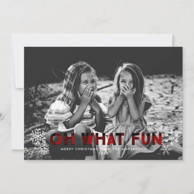 Oh What Fun Red Buffalo Plaid Christmas Card (Front)
