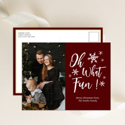 Oh What Fun Red Calligraphy Snowflakes Photo Holiday Postcard