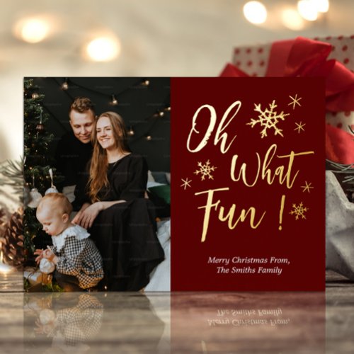 Oh What Fun Red Gold Calligraphy Snowflakes Photo Foil Holiday Card