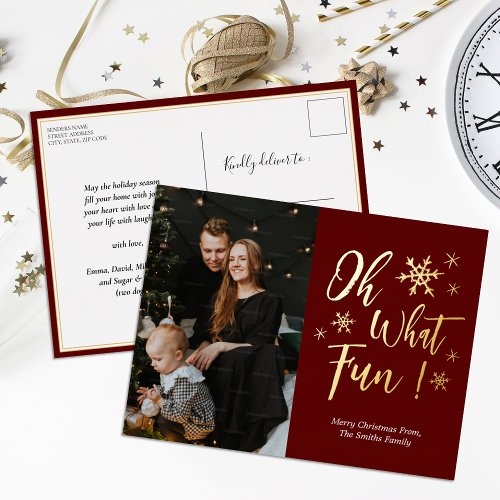 Oh What Fun Red Gold Calligraphy Snowflakes Photo Foil Holiday Postcard