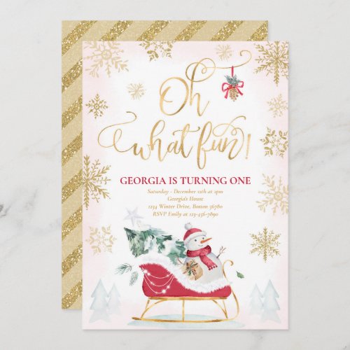 Oh What Fun Red  Gold Winter Sleigh Birthday Invitation