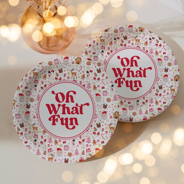 Oh What Fun Red Pink Christmas Birthday Party Paper Plates (Creator Uploaded)