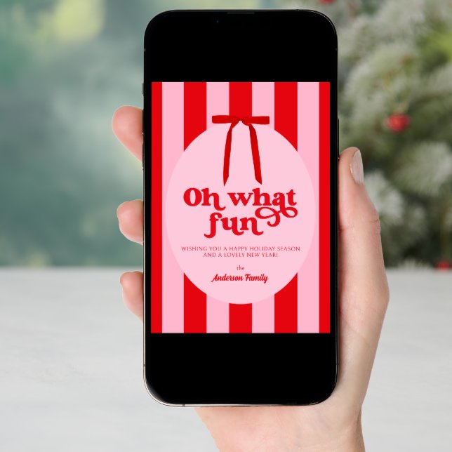 Oh What Fun Red Pink Retro Holiday Card (Front Digital)