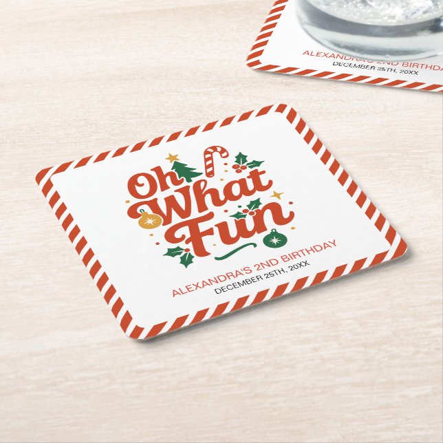 Oh What Fun Retro Christmas Birthday  Square Paper Coaster (Angled)