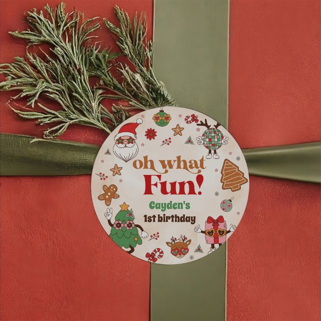 Oh What Fun Retro Christmas First Birthday Classic Round Sticker (Creator Uploaded)