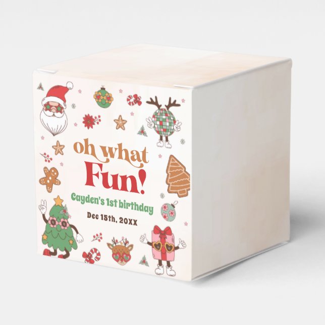 Oh What Fun Retro Christmas First Birthday Favor Boxes (Front Side)