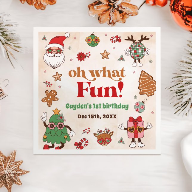 Oh What Fun Retro Christmas First Birthday Napkins (Creator Uploaded)