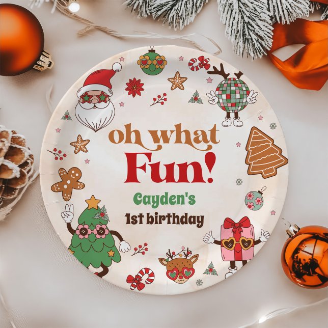 Oh What Fun Retro Christmas First Birthday Paper Plates (Creator Uploaded)