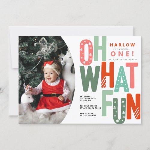 Oh What Fun Retro Colorful Christmas 1st Birthday Invitation