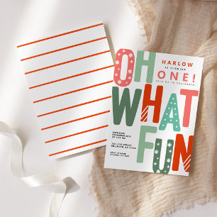 Oh What Fun Retro Colorful Christmas 1st Birthday Invitation