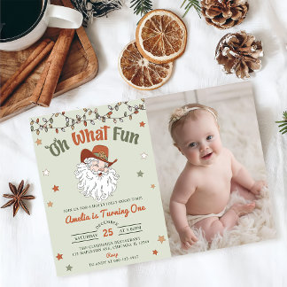 Oh What Fun Santa Christmas Birthday Photo Invitation