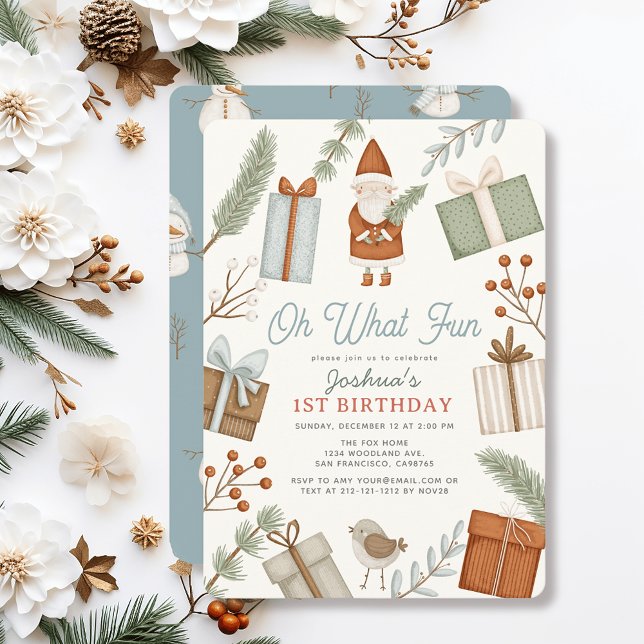 Oh What Fun Santa Claus Holiday Boy 1st Birthday Invitation (Creator Uploaded)
