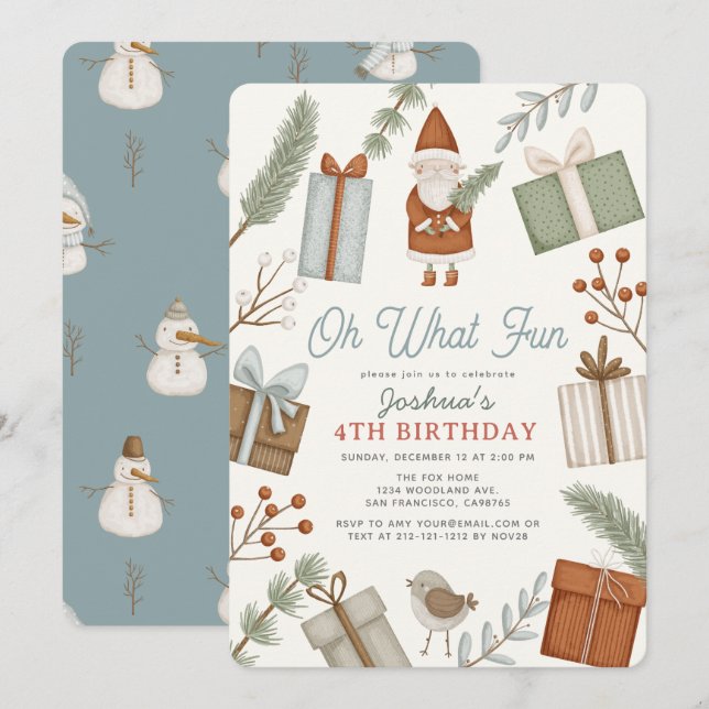 Oh What Fun Santa Claus Holiday Boy Birthday Invitation (Front/Back)