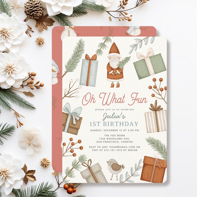 Oh What Fun Santa Claus Holiday Girl 1st Birthday Invitation (Creator Uploaded)