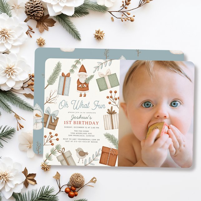 Oh What Fun Santa Holiday Boy 1st Birthday Photo Invitation (Creator Uploaded)