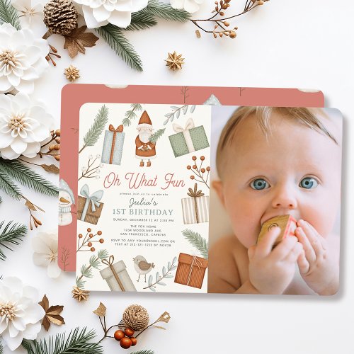 Oh What Fun Santa Holiday Girl 1st Birthday Photo Invitation