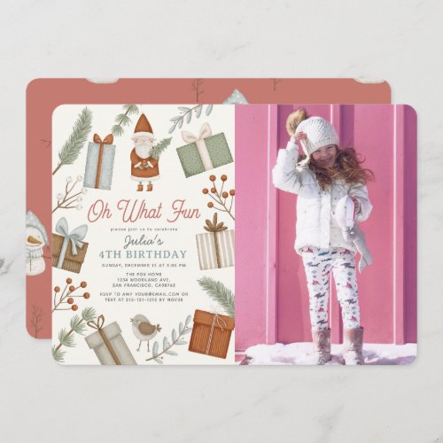 Oh What Fun Santa Holiday Girl Birthday Photo Invitation