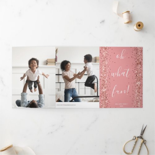 Oh What Fun Saying Pink Glitter Tri_Fold Holiday Card