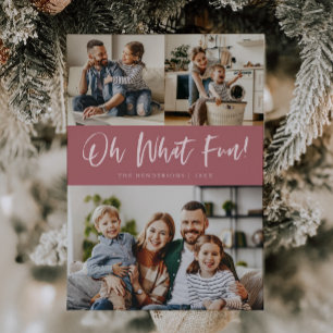 Oh What Fun Script Christmas Photo Pink Holiday Card