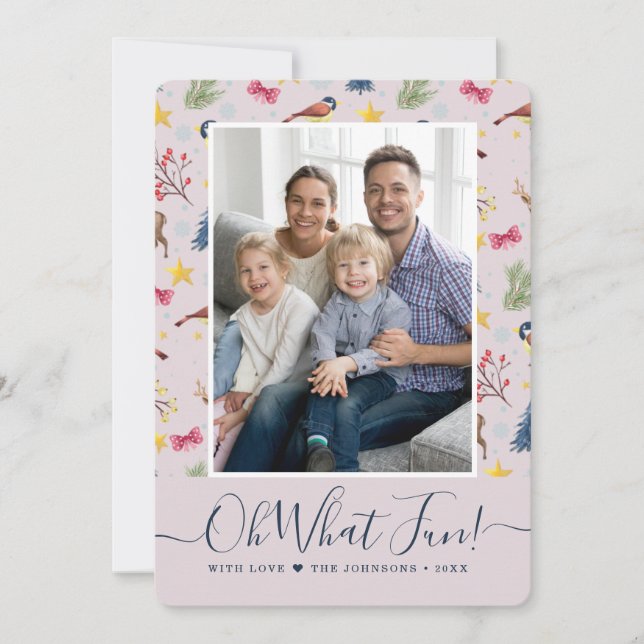 Oh What Fun Script Pattern Photo Holiday Card (Front)
