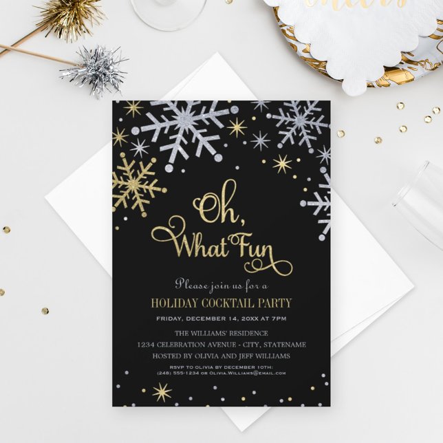 Oh What Fun Silver Gold Snowflakes Holiday Party Invitation (Creator Uploaded)