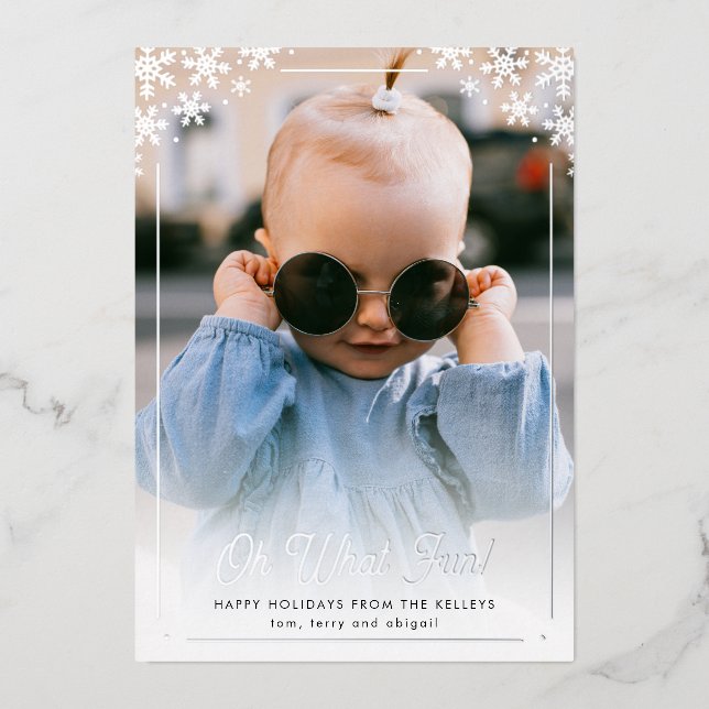 Oh What Fun Silver Snowflake Vertical Photo Foil Holiday Card (Front)