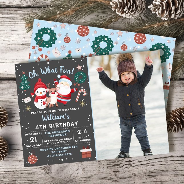 Oh What Fun Snow Christmas Birthday Party Photo Invitation (Creator Uploaded)