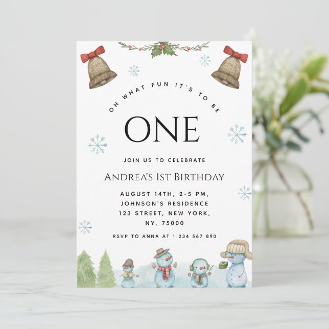 Oh What Fun Snowman Christmas 1st Birthday Party Invitation (Standing Front)
