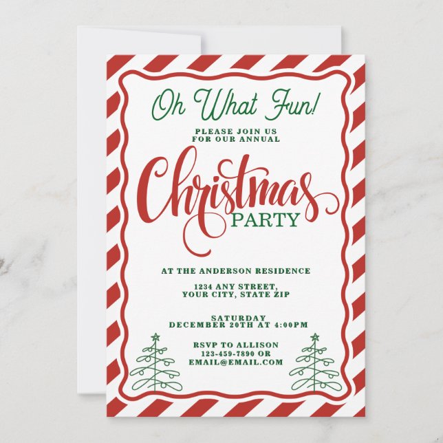 Oh What Fun Striped Whimsical Christmas Party Invitation (Front)