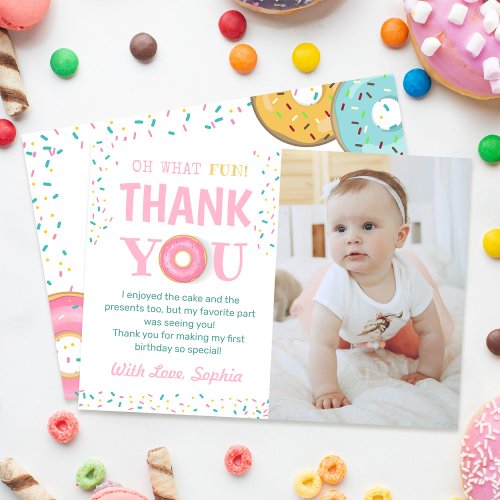 Oh What Fun Sweet Donuts Birthday Party Photo Thank You Card