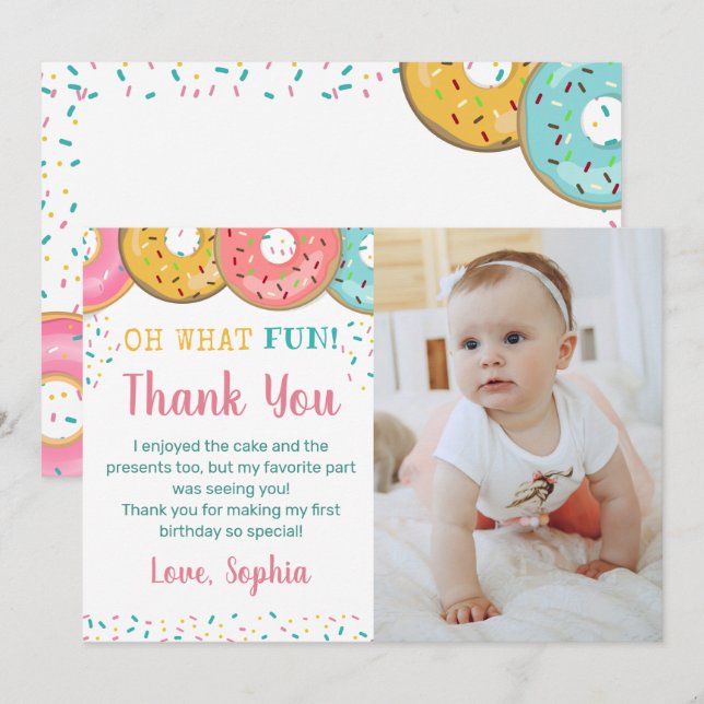 Oh What Fun Sweet Donuts Birthday Party  Thank You Card (Front/Back)