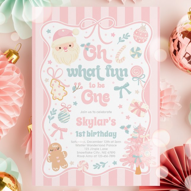 Oh What Fun To Be One Christmas Bow 1st Birthday Invitation (Creator Uploaded)