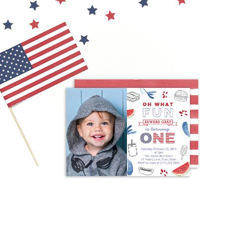 Oh What Fun To Be One Photo USA 1st Birthday Party Invitation