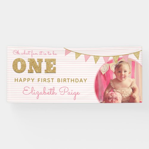 Oh What Fun to be ONE Pink  Gold First Birthday Banner