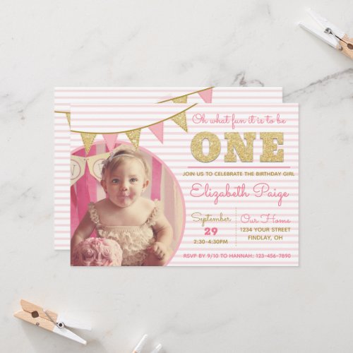 Oh What Fun to be ONE Pink  Gold First Birthday Invitation