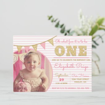 Oh What Fun to be ONE Pink & Gold First Birthday Invitation | Zazzle