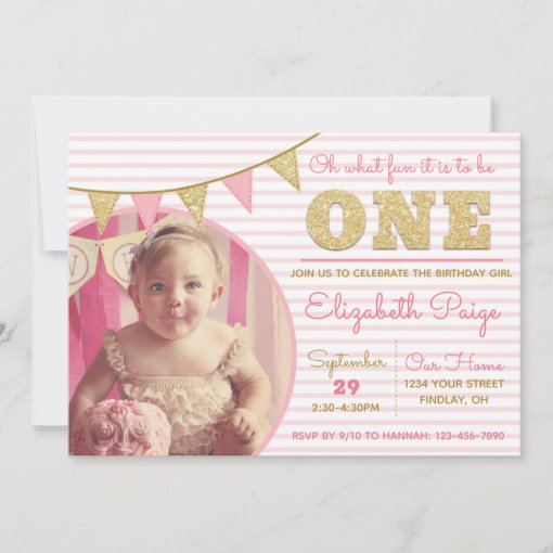 Oh What Fun to be ONE Pink & Gold First Birthday Invitation | Zazzle