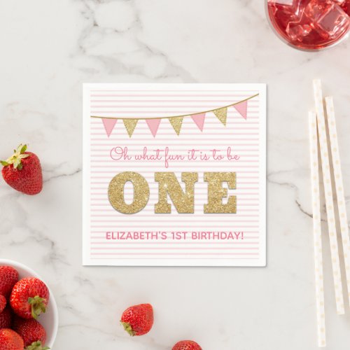 Oh What Fun to be ONE Pink  Gold First Birthday Napkins