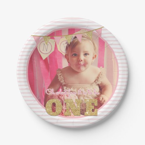 Oh What Fun to be ONE Pink  Gold First Birthday Paper Plates