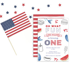 Oh What Fun To Be ONE, Red White Blue 1st Birthday Invitation