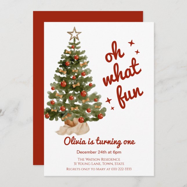 Oh what fun tree christmas birthday  invitation (Front/Back)