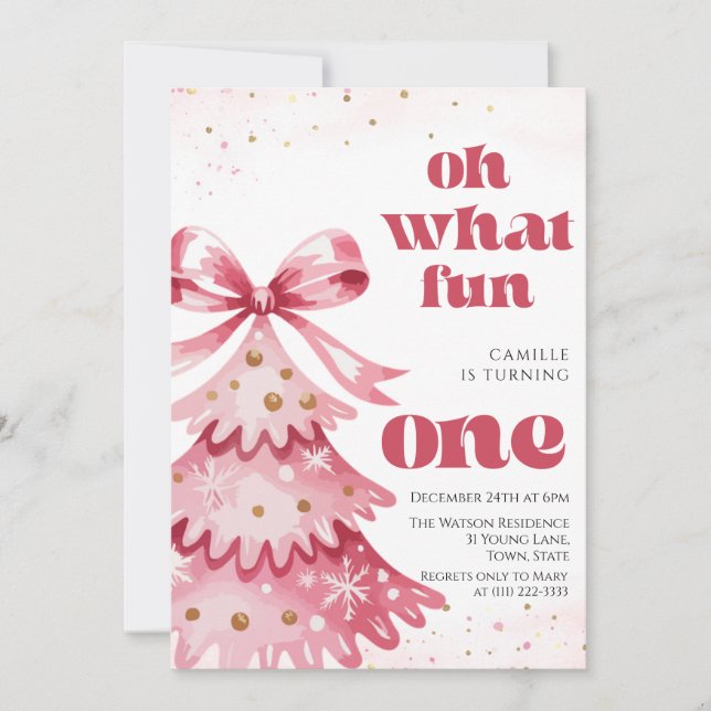 Oh what fun tree christmas girl birthday  invitation (Front)