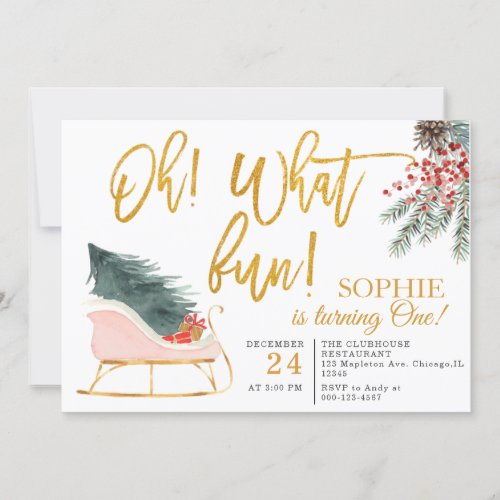 Oh What Fun Turning One Christmas 1st Birthday Invitation