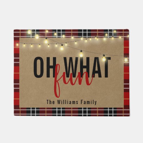OH WHAT FUN Typography Red and Black Plaid Custom Doormat