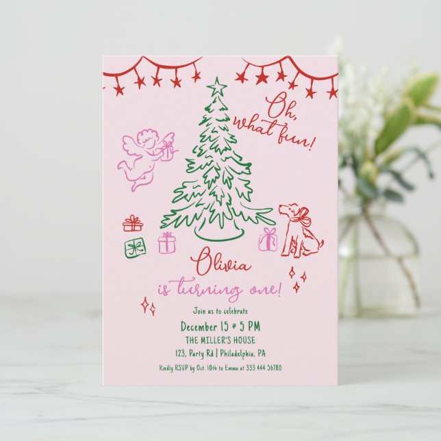 Oh What Fun whimsical Christmas tree 1st birthday Announcement (Standing Front)