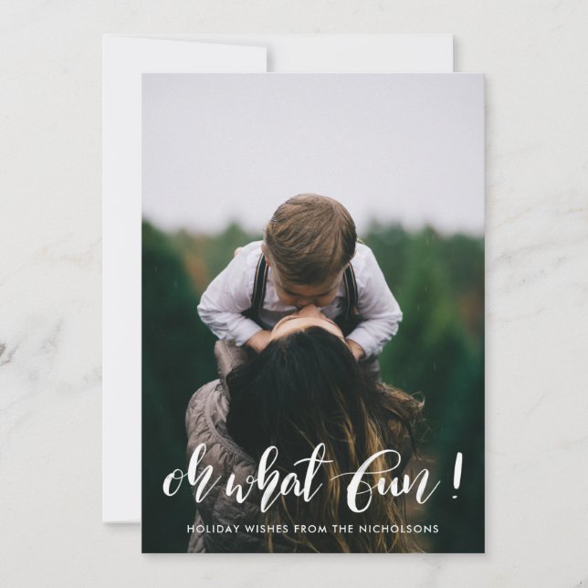 Oh What Fun White Handwritten Holiday Photo Card (Front)