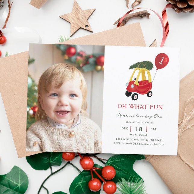 Oh What Fun Winter Car 1st Birthday Photo Invitation (Creator Uploaded)