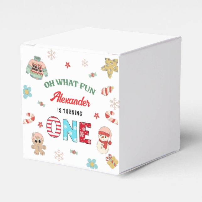 Oh What Fun Winter Christmas 1st Birthday Favor Boxes (Front Side)